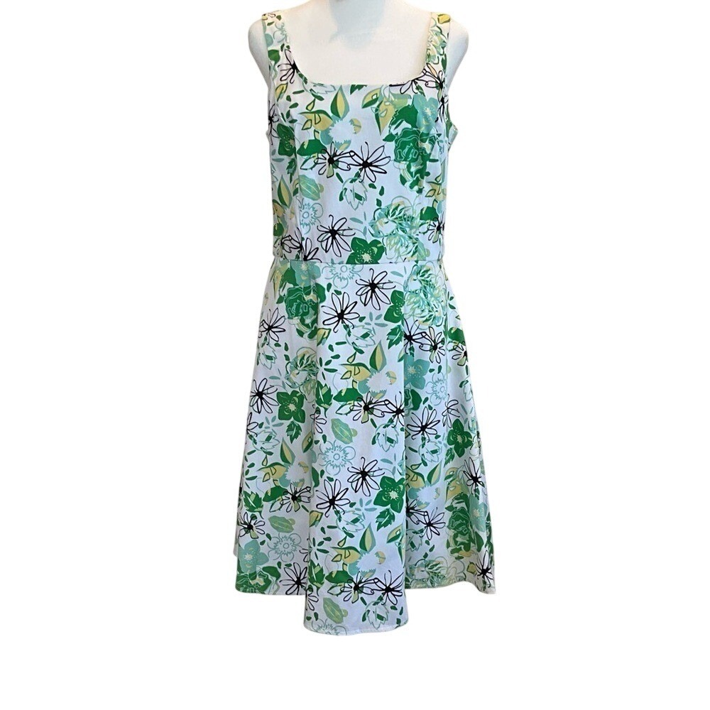 Green Floral Sleeveless Midi Dress Square Neck Fit and Flare Summer Garden Party
